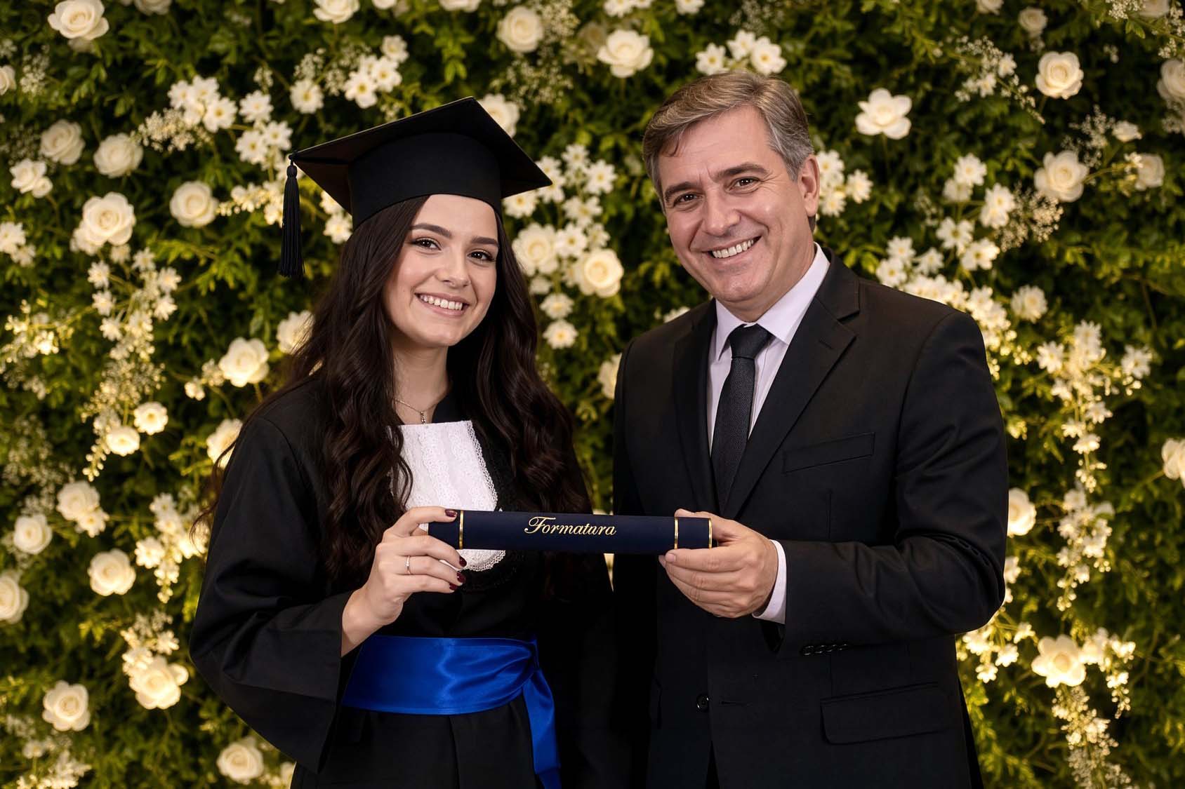 Registro de formatura com formanda e familiar.